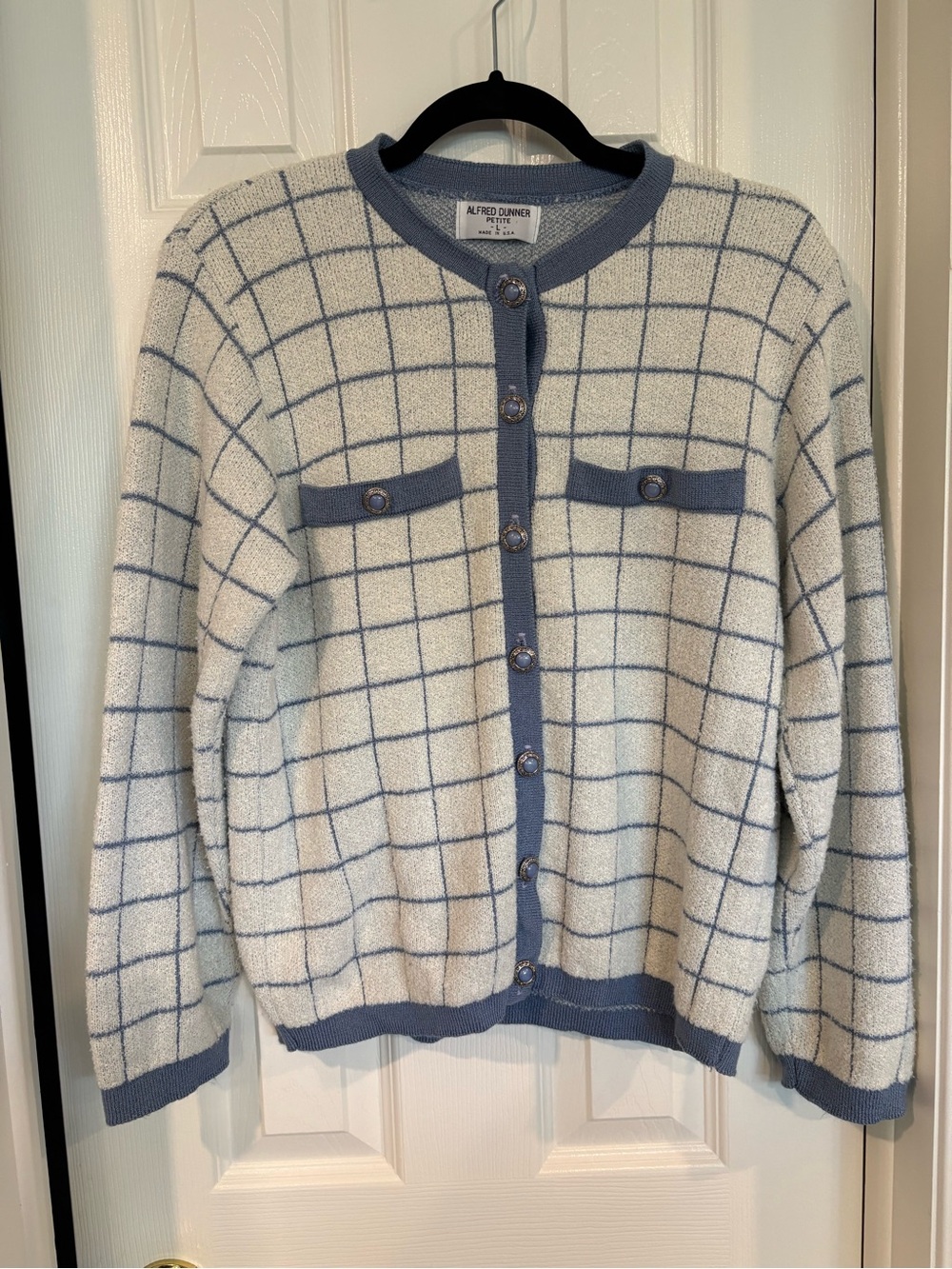 Alfred Dunner Women's Cream & Blue Windowpane Cardigan Sweater